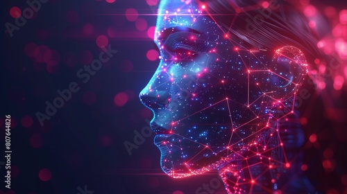 A modern illustration of artificial intelligence and neural networks, with a robot head and connections between neurons on a background of artificial intelligence technology. Template for a web