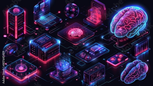 Isolated modern illustration icons set of artificial brain neural network, AI servers, robots, intelligent robotic building, and artificial bots.