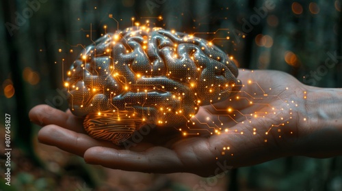 A circuit board shaped like an electronic brain with a gyrus, with a symbol of artificial intelligence hanging over the hand. A neon cyberspace symbol depicting cnns or artificial intelligence, with