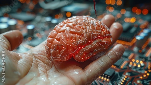 Circuit board shaped like an electronic brain with gyrus, symbol AI hanging over hand. Neon cyberspace encompassing computer neural networks, glowing scientist title on palm.