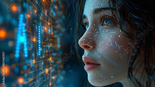 The woman looks at the logo AI hanging over her smartphone. The logo AI consists of printed circuit boards. Artificial intelligence with beautiful face in blue virtual cyberspace leaning towards an