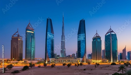 During the blue hour, the KAFD buildings in Riyadh, Saudi Arabia, stand out