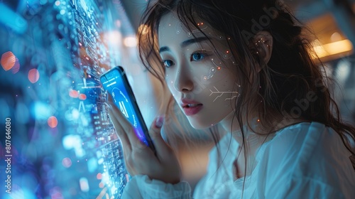 A female cyborg looks at the AI logo hung over the phone. AI stand for Artificial intelligence and is composed of PCB elements. Artificial intelligence with a beautiful face in blue virtual