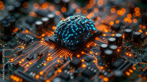 Glowing blue brain circuit on computer motherboard. For big data processing, ai trading, machine learning, technology background.