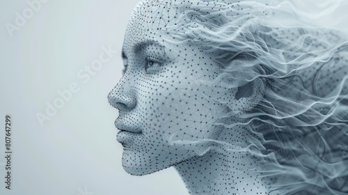 Model of AI (artificial intelligence) systems, VR (virtual reality), Deep Learning and Face Recognition with low poly wireframes.