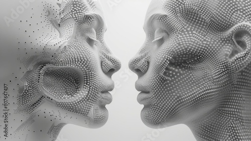 The concept of rivalry. Two opponents facing each other. Conflict. People talking face to face. Abstract digital human head made from dots. 3D modern illustration suitable for banners, posters and