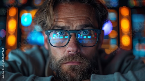 An image of a software developer / hacker wearing glasses sitting at his desk and working on a futuristic computer in a digital identity cyber security data center.