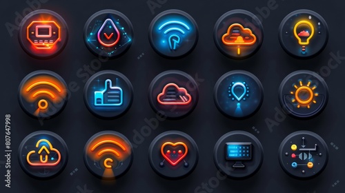 A set of technology icons covering 5G, AI, robotics, IoT, biometrics, geolocation, cloud computing, and automation.