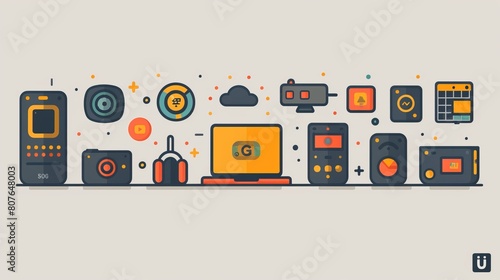 An elegant collection of technology icons, featuring 5G, AI, robotics, internet of things, biometrics, geolocation, and cloud computing icons.