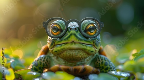 A cute little turtle wearing glasses stands in front of a studio background. Powered by generative AI.