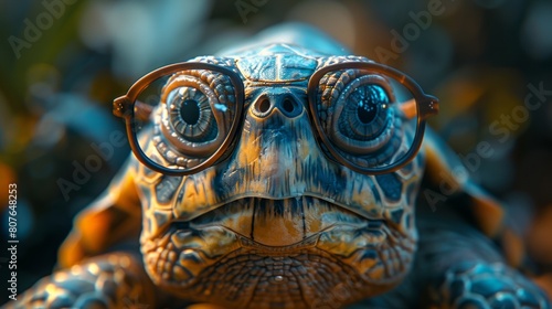 A cute little green turtle with glasses stands in front of a studio background. Generative AI.