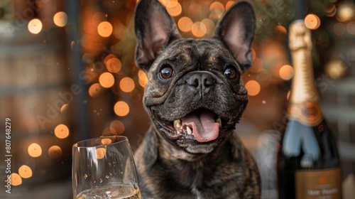A French Bulldog drinks champagne at a New Year's Eve party. Generative AI.