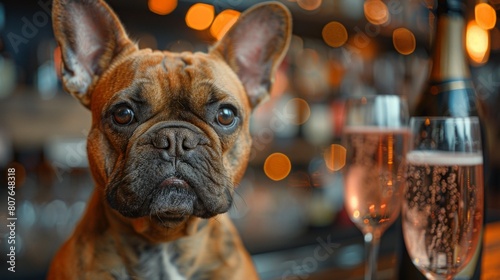 An image of a French Bulldog drinking champagne on New Year's Eve. Generative AI.