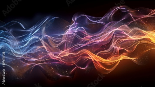 An abstract futuristic background with wave lines flowing dynamically in diverse colors isolated on a black background. Concept of science, digital, and communication illustrated in generative ai.