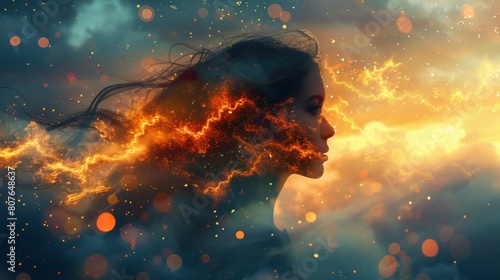 A beautiful fantasy abstract portrait of a beautiful woman under a colorful digital paint splash or space nebula, using generative artificial intelligence