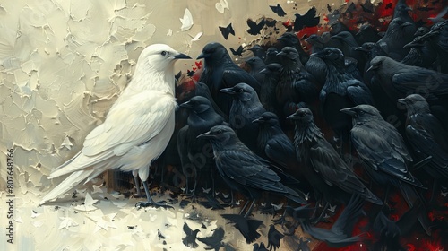 In this generative AI illustration, a white bird stands out among gray birds, standing out from the crowd.