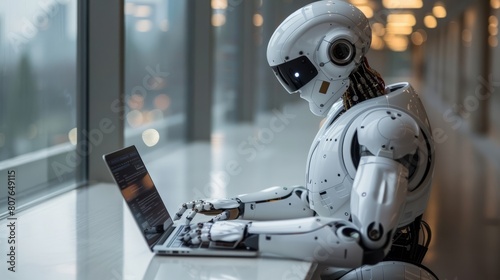 An Artificial Intelligence chat concept. Humans using technology smart robots AI. Businesses entering command prompts, contacting business information analysts.