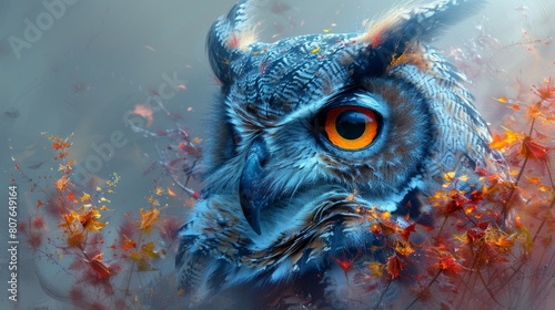 The image depicts an abstract animal Owl in a double exposure paint style utilizing generational artificial intelligence.