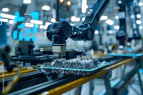 advanced automation robotic arm operating with high precision, showcasing the implementation of cutting-edge 5G or 6G technology in the manufacturing industry