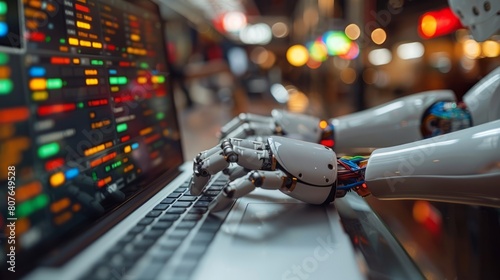 Artificial intelligence (AI) chatbot, search engine, businessman using laptop to connect to AI, use of command prompt to generate ideas, digital transformation, SEO.