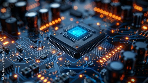 Circuit board illustration texture background design. Waves flow. Quantum explosion technology. Quantum computer technologies concepts. Futuristic blue circuit board background.