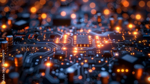 Design of a futuristic circuit board illustration texture background. Wave flow. Quantum explosion technology. Quantum computer technology concepts. Futuristic blue circuit board design.