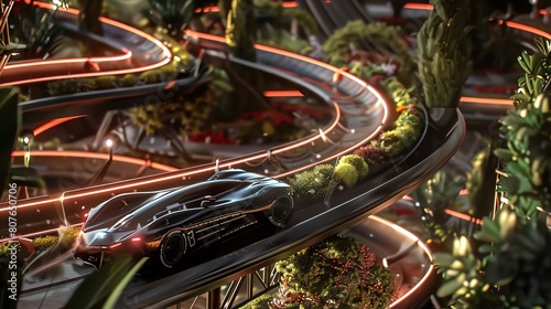 Imagine a sleek, futuristic racer speeding on a cheese racetrack from an elevated perspective, weaving through lush, meticulously detailed garden patches