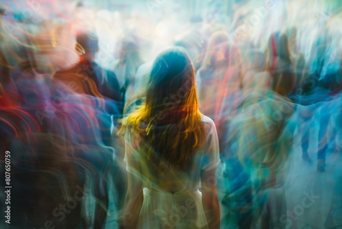 Blonde woman lost in the crowd, timelapse and blur effect. Conceptual image of lost in nowhere and being lonely in the crowd and smoke