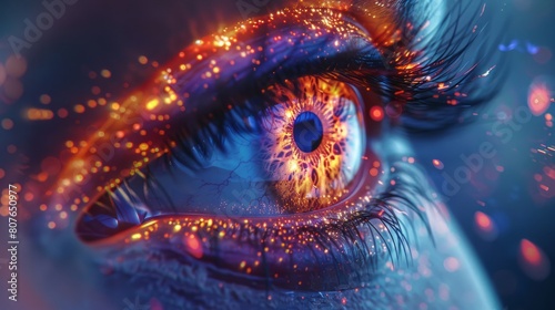 Animation concept of the multicolored human eye iris. Rainbow lines scatter out of a bright binary circle to form volumetric human eye iris and pupil. 3D rendering background.