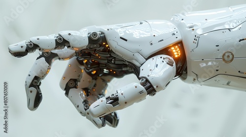 The hand of a white cyborg robotic hand is pointing a finger. The hand is rendered in 3D and isolated on a free PNG background.