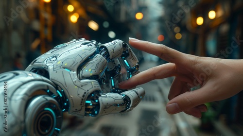 In this concept of harmonious coexistence between humans and artificial intelligence, the human finger taps the metallic finger of a robot.