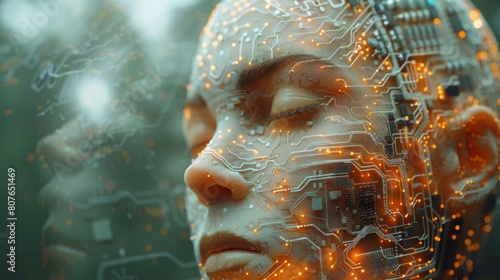 Artificial intelligence. Digital brain. Human head containing circuit board. Engineering concept. Technology web background. Virtual environment.