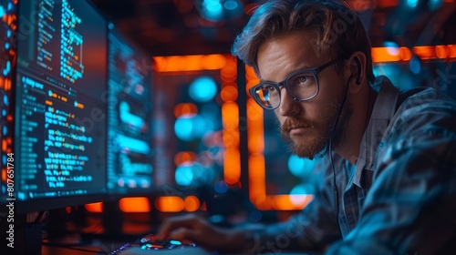 AI collage photo of a computer network maintenance specialist using a device to write code