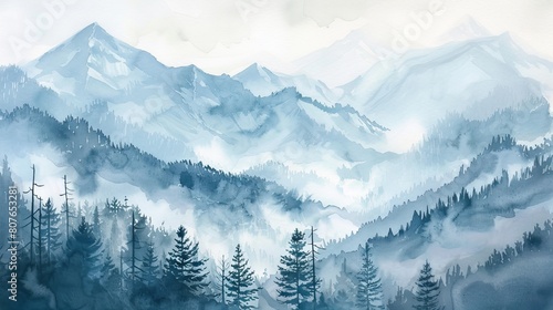 Watercolor scene of a mountain vista enveloped in mist, the cool tones and gentle slopes ideal for instilling tranquility in a clinical setting