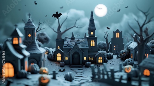 Eerie Monochrome Halloween Town Under Moonlight
