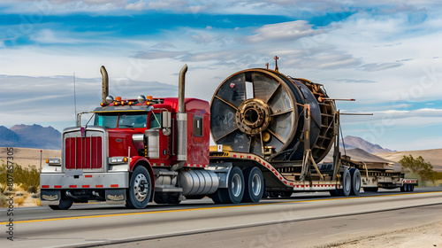 A flatbed truck hauling oversized machinery