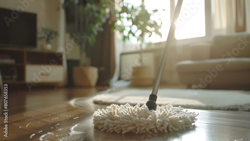 Detailed shot of mop cleaning living room floor. Concept Household Chores, Cleaning, Home Maintenance, Mop Cleaning, Detailed Shot