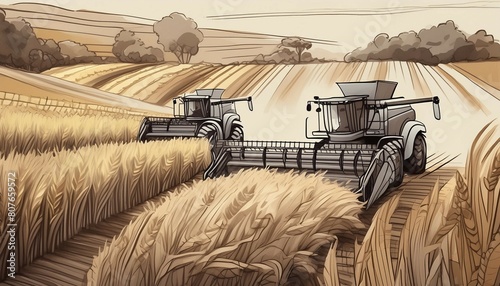 A sketch of a combine harvester working alongside a tractor illustrates the coordination between different types of agricultural machinery
