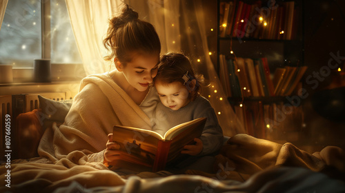 A mother and child enjoying a quiet moment of connection and reflection in a cozy reading nook, surrounded by books and blankets, with soft lighting and warm colors creating a sens