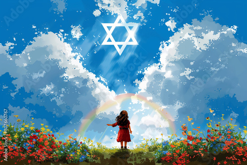 illustration of Israel and Jewish girl under the sky with the star of david, future. Backdrop of clouds and sunshine. Israel and jew.