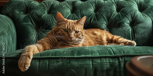 majestic cat lounging on a green sofa
