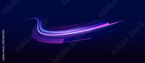 Light trail wave, fire path trace line, car lights, optic fiber and incandescence curve twirl. High speed road in night time abstraction. Sport car is made of polygons, lines and connected dots. 