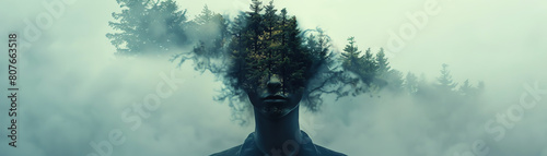 A surreal portrait of a man with trees growing out of his shoulders, standing in a misty forest