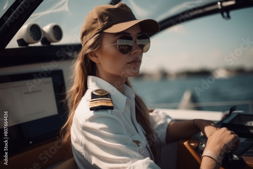 A woman dressed in a pilots uniform confidently drives a boat on the water, displaying skill and determination