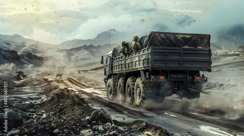 A military transport truck carrying troops through rugged terrain