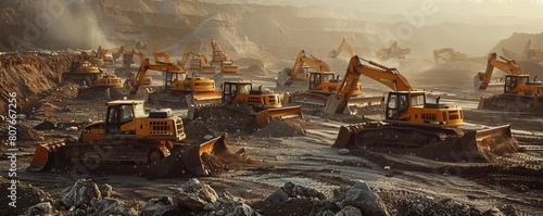 A large fleet of heavy machinery is working in a quarry