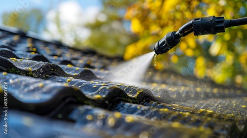 Professional roof cleaner using a pressure washer, close-up shot that highlights the effectiveness of the service on a home roof