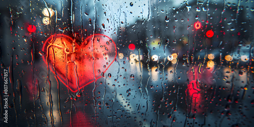 Heart drawing on glass window misted, Autumn rain, the inscription on the sweaty glass love and heart. 
