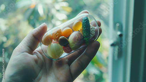A hand holding a clear capsule filled with various fruits and vegetables. The background is blurred.