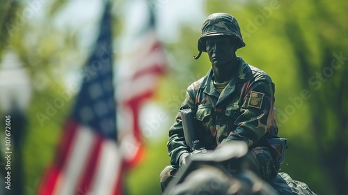 Statue of Soldier memorial on the background of the American flag. Memorial Day concept.